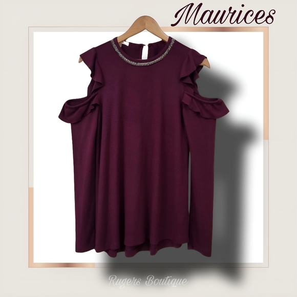 🌿Maurices Women's XS Maroon Cold Shoulder Drop Sleeve Jeweled Neck Sweater - Picture 13 of 14